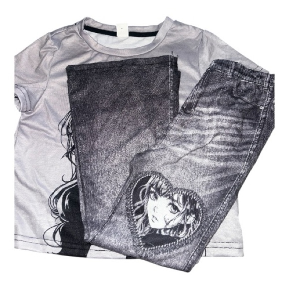 SHEIN Black & Gray Graphic Tee and Jeans Set